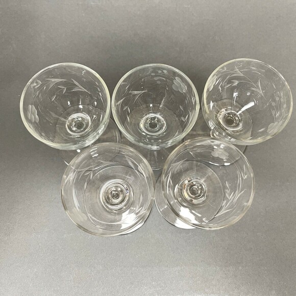 Wine Cordial Glasses Clear Glass Etched Flowers Stemmed 3 7/8" High Lot of 5 - Picture 4 of 6